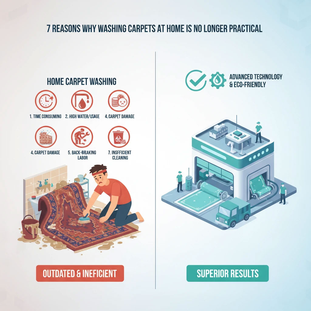 ۷ دلیل برای اینکه شستن فرش در خانه دیگر منطقی نیست